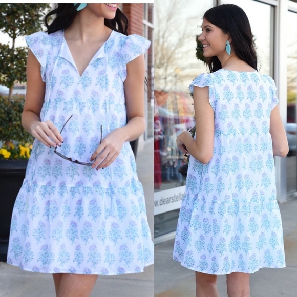 J. Marie NWT Cecilia Ruffle Flutter Sleeve Blockprint Floral Tiered Dress Sz M - Picture 2 of 13